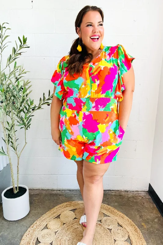 multicolor-abstract-floral-smocked-waist-v-neck-flutter-sleeve-romper