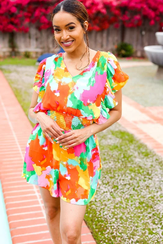 multicolor-abstract-floral-smocked-waist-v-neck-flutter-sleeve-romper