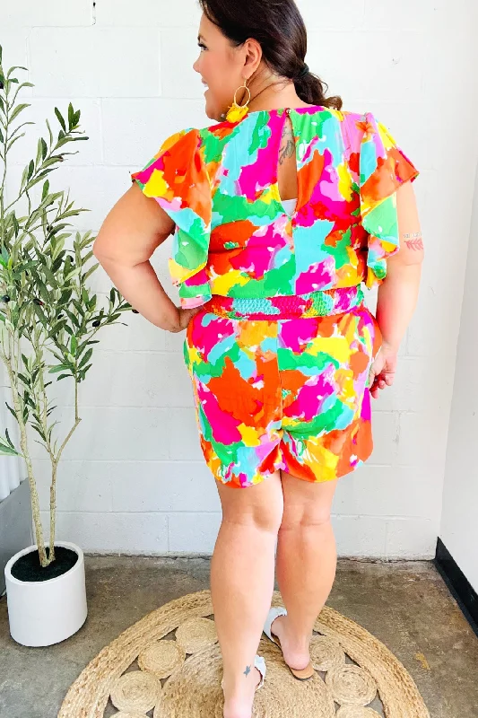 multicolor-abstract-floral-smocked-waist-v-neck-flutter-sleeve-romper