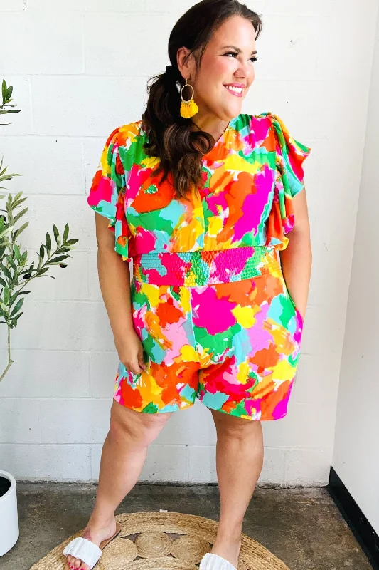 multicolor-abstract-floral-smocked-waist-v-neck-flutter-sleeve-romper