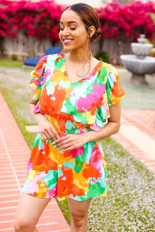 multicolor-abstract-floral-smocked-waist-v-neck-flutter-sleeve-romper