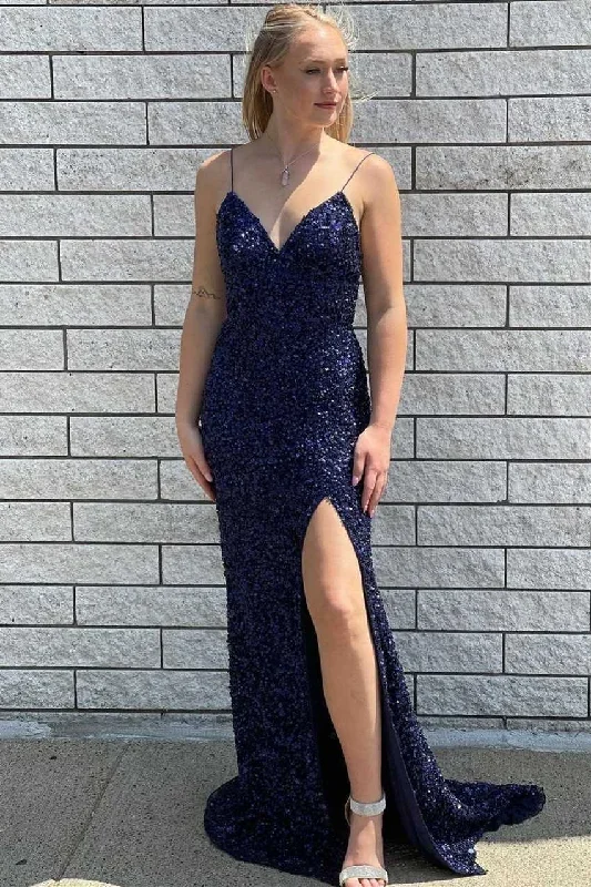 Navy Blue Sequins Mermaid Slit Long Prom Dress