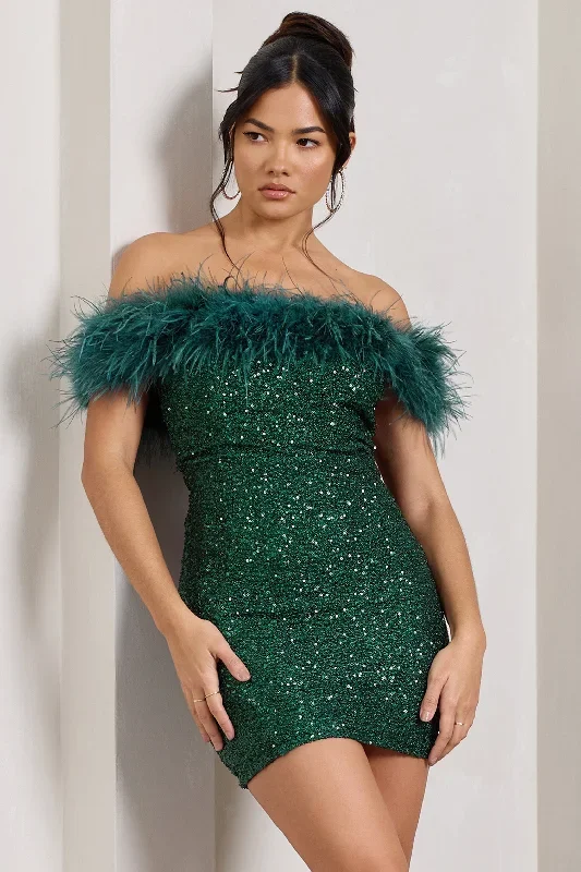 New Money | Green Bodycon Sequin Mini Dress With Feather Trim