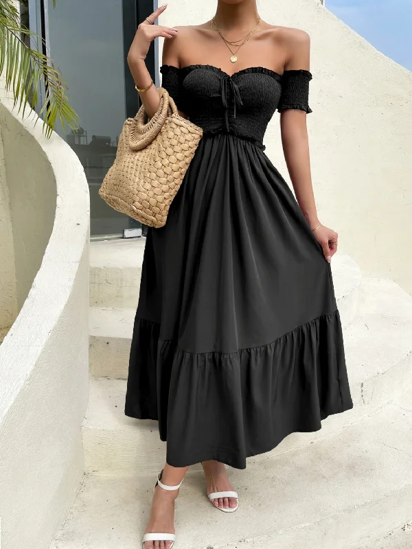 off-shoulder-short-sleeve-midi-dress