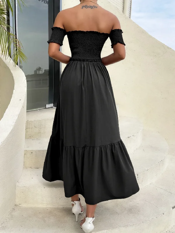 off-shoulder-short-sleeve-midi-dress