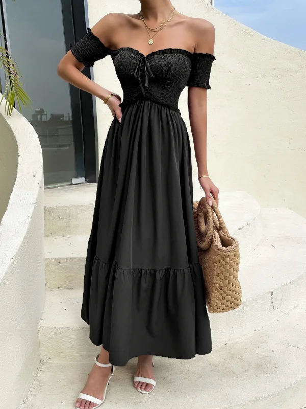 off-shoulder-short-sleeve-midi-dress