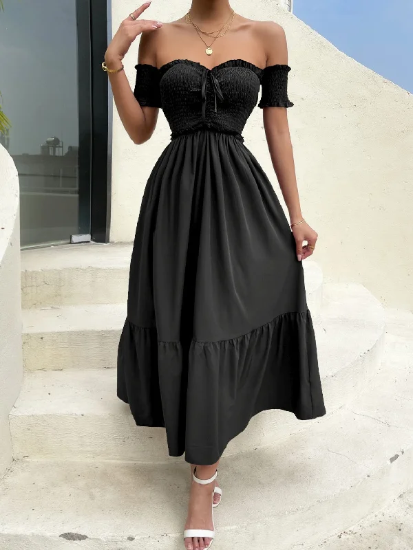 off-shoulder-short-sleeve-midi-dress