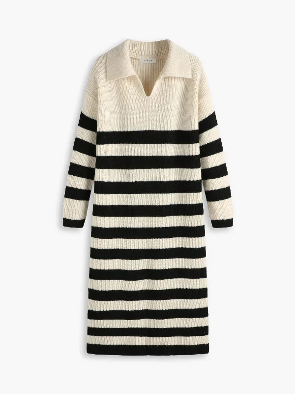 Open Collar Stripe Long Sleeve Midi Sweater Dress