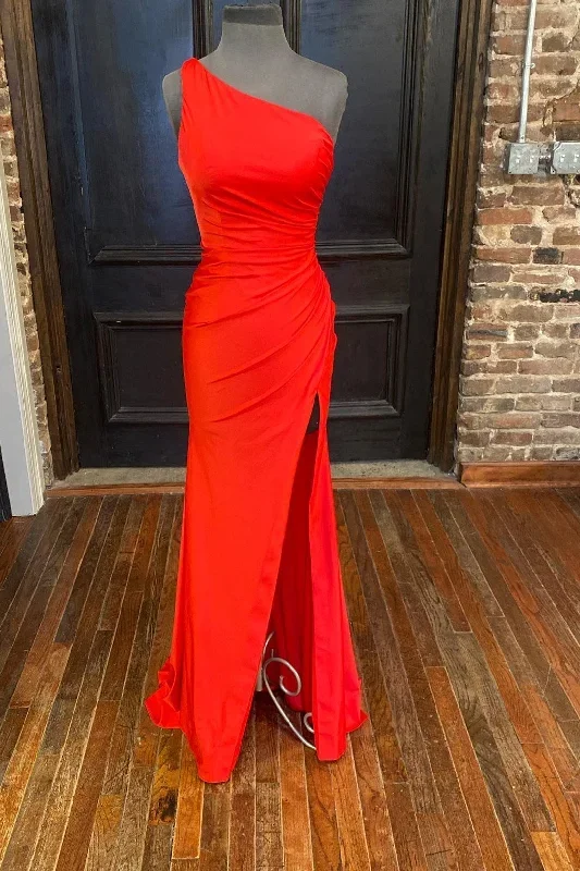 Orange One-Shoulder High Side Slit Mermaid Long Prom Dress