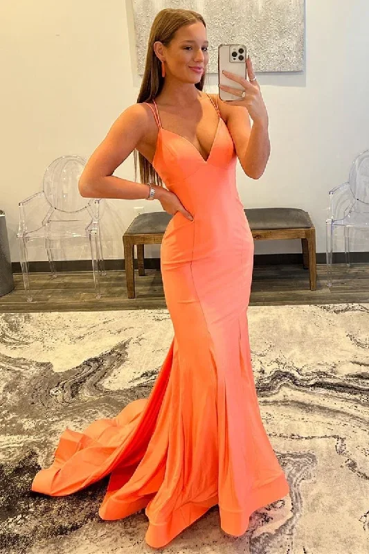 Orange V-Neck Lace-Up Back Trumpet Long Formal Dress