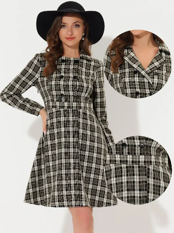 Plaid Long Sleeve Turndown Collar Double Breasted Button Dress