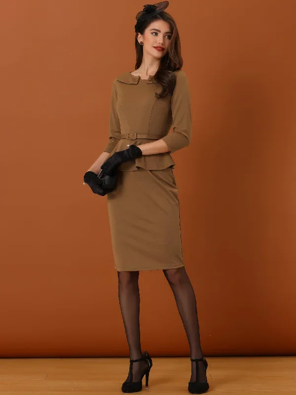 3/4 Sleeve Midi Bodycon Peplum Sheath Pencil Dress