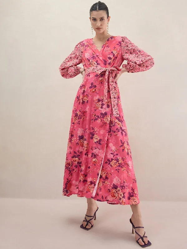 Pink Floral Printed Wrap Maxi Dress