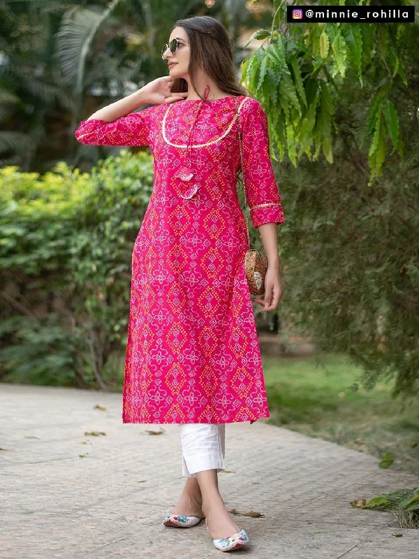 Pink Cotton Bandhani Kurta with Pant