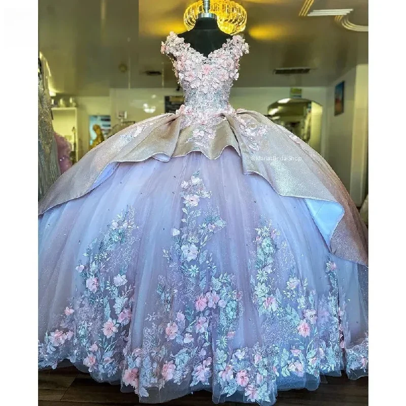 Pink Quinceanera Dresses Ball Gown V-neck Tulle Appliques Floral Sweet 16 Dresses 15 Años Mexican