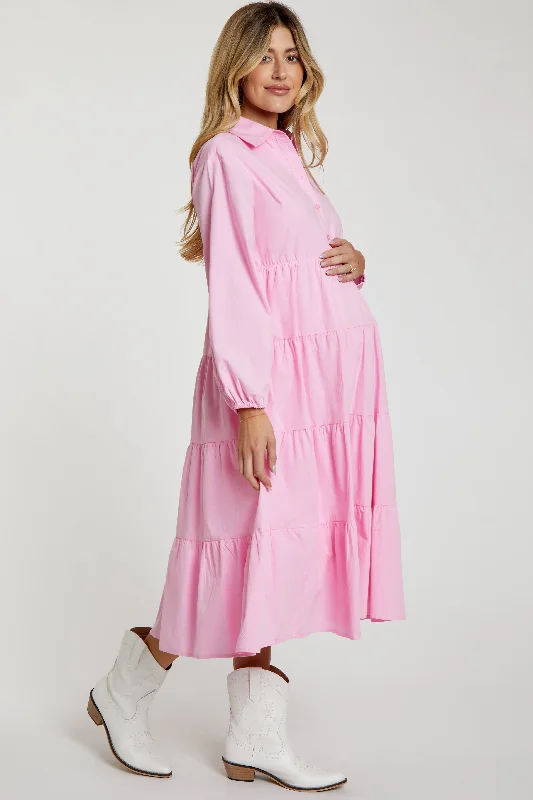 pink-tiered-collared-maternity-midi-dress