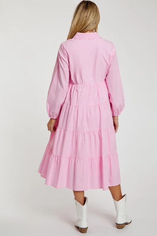 pink-tiered-collared-maternity-midi-dress