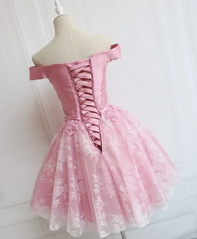 pink-tulle-of-shoulder-lace-short-prom-dress-lace-formal-dress