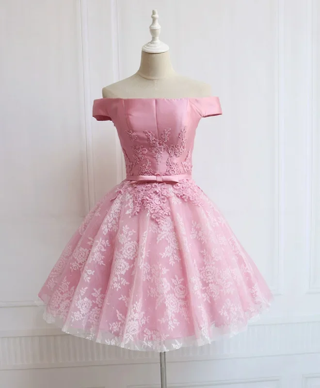 pink-tulle-of-shoulder-lace-short-prom-dress-lace-formal-dress