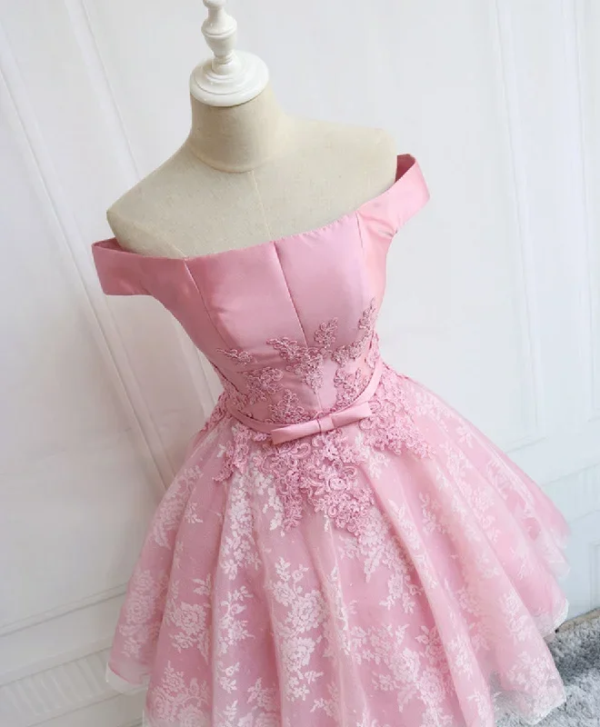 pink-tulle-of-shoulder-lace-short-prom-dress-lace-formal-dress