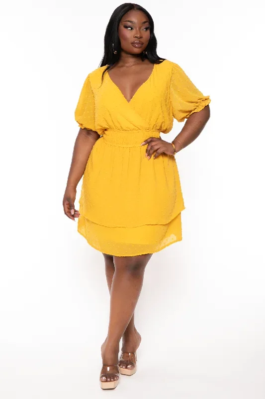 Plus Size Chiffon  Swiss Dot Dress - Yellow