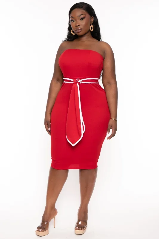 Plus Size Larisa Strapless Midi Dress- Red