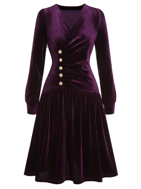 pre-sale-purple-1940s-solid-velvet-buttons-dress