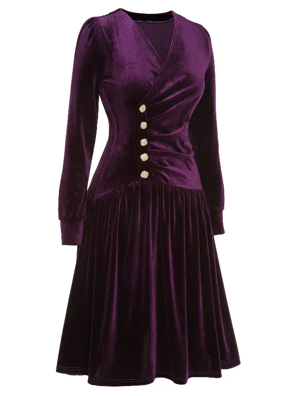 pre-sale-purple-1940s-solid-velvet-buttons-dress