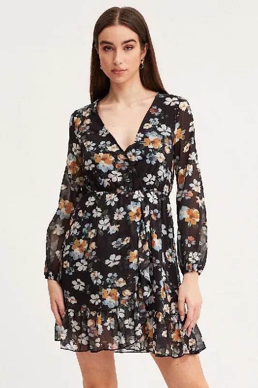 Print Mini Dress Long Sleeve V Neck