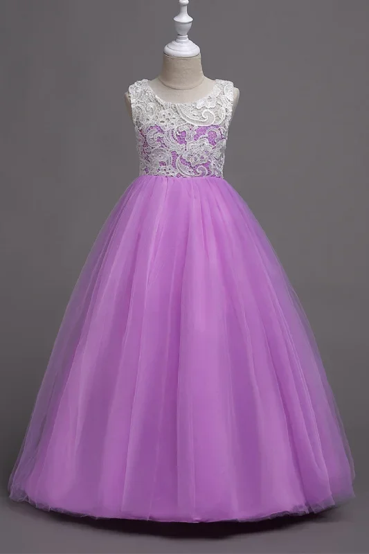 Robe fille violette en tulle ligne A avec dentelle