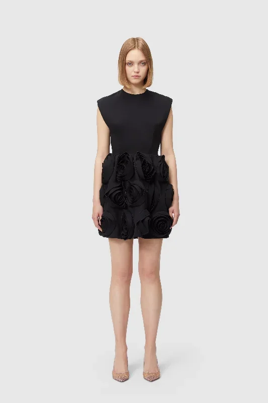 ROSE APPLIQUE BLACK MINI DRESS