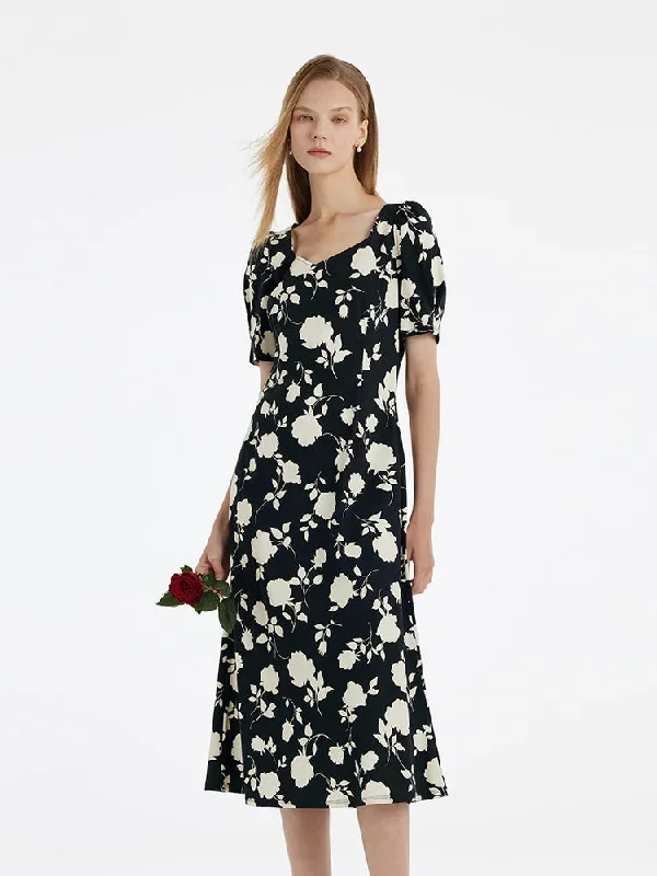 Rose Printed Square Neck Women Midi Dress