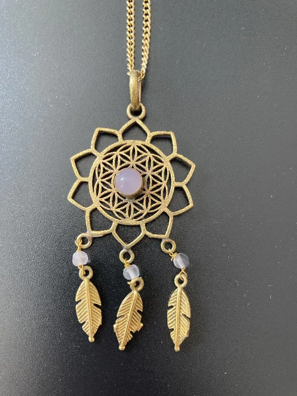 Rose Quartz Gold Plated Brass Dreamcatcher Necklace