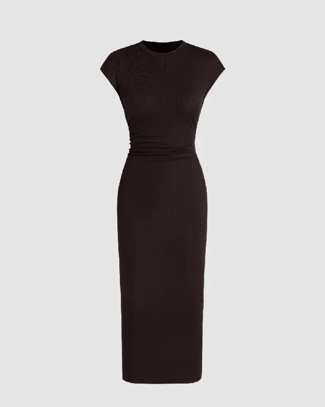 Round Neckline Ruched Brown Midi Dress