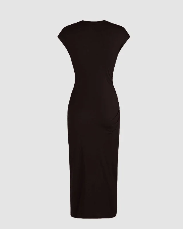 round-neckline-ruched-brown-midi-dress