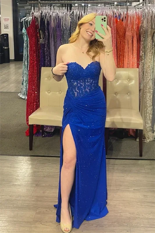 Royal Blue Sweetheart Beaded Satin Long Prom Dress with Slit