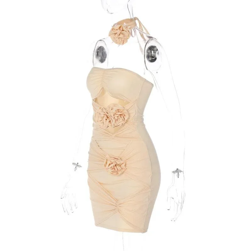 ruched-flower-applique-backless-hollow-out-tube-mini-dress