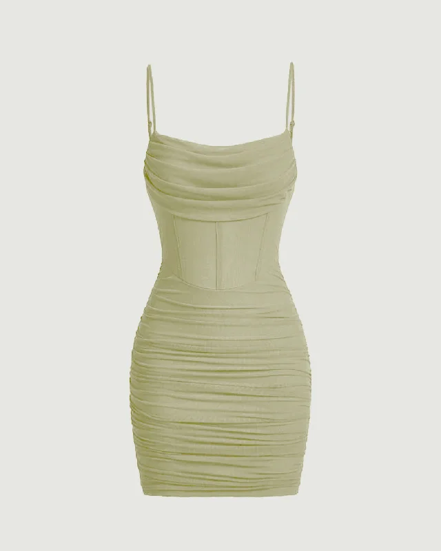 Ruched Mesh Cami Bodycon Summer Short Dress In Green