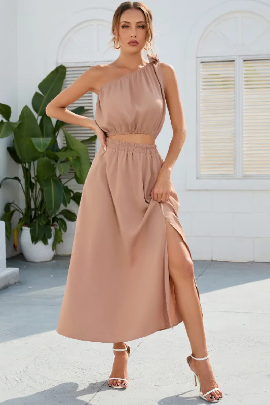 ruched-one-shoulder-top-and-slit-skirt-set