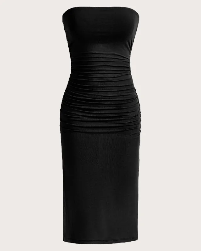 Ruched Strapless Bodycon Tube Dress In Black