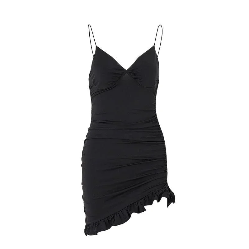 ruffle-solid-v-neck-ruched-spaghetti-strap-backless-mini-dress