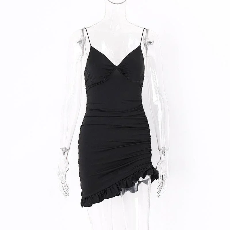 ruffle-solid-v-neck-ruched-spaghetti-strap-backless-mini-dress