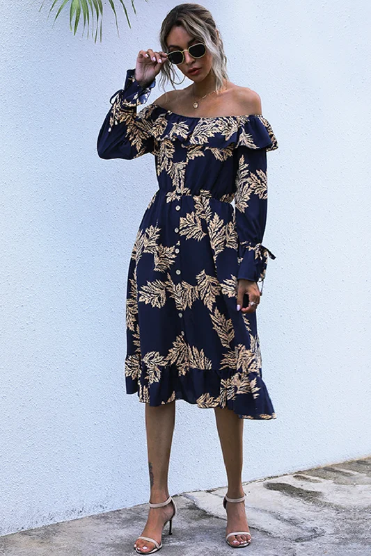 ruffled-printed-off-shoulder-midi-dress