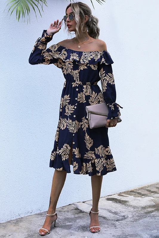 ruffled-printed-off-shoulder-midi-dress