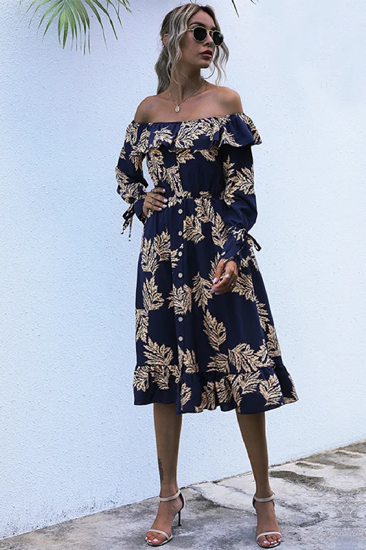 ruffled-printed-off-shoulder-midi-dress