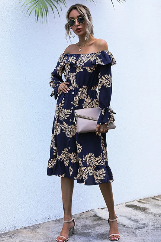 ruffled-printed-off-shoulder-midi-dress