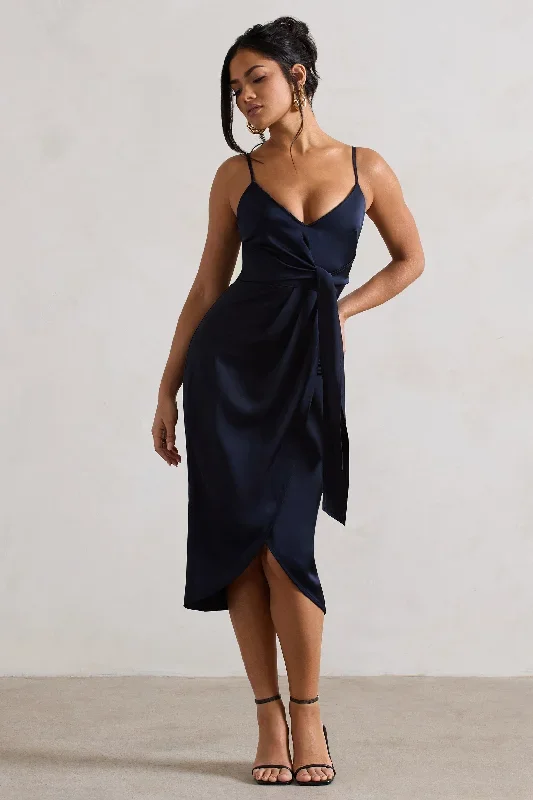 Sabela | Navy Satin Wrap Midi Dress With Knot Detail