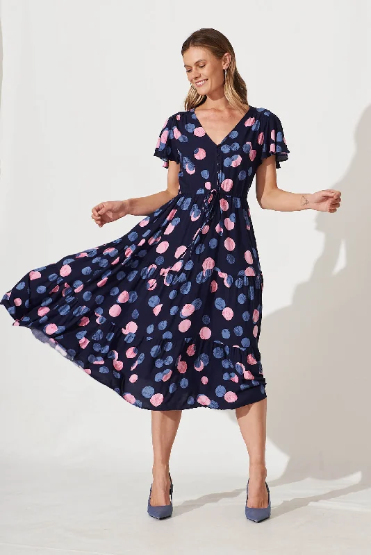 Saturday Maxi Dress In Navy With Pink And Blue Spot