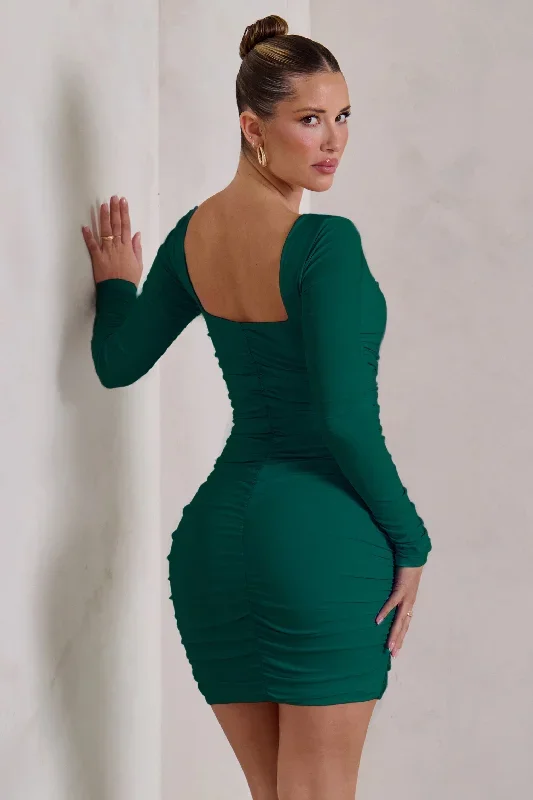 sculpt-green-long-sleeve-square-neck-ruched-mini-dress