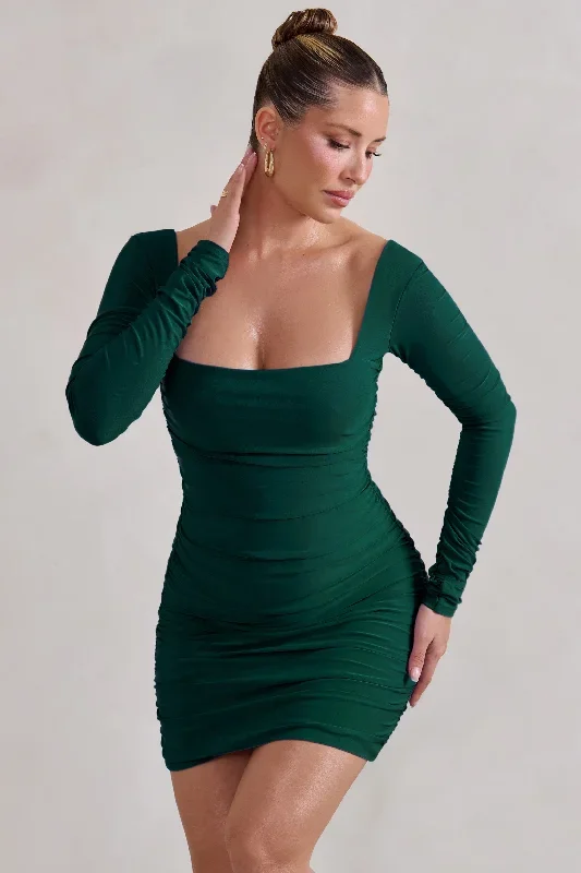 sculpt-green-long-sleeve-square-neck-ruched-mini-dress